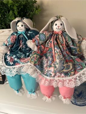 Vintage Handmade Bunny Doll Pair Floral Lace Easter Country Cottage Decor